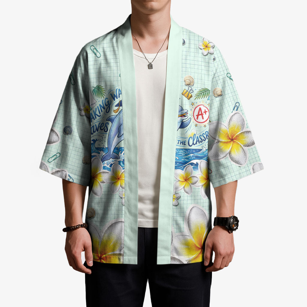Personalized Hawaii Back To School Dolphin Kimono Grid Notebook Background With Dolphin Mascot And Plumeria Flowers TS04 - Polynesian Pride