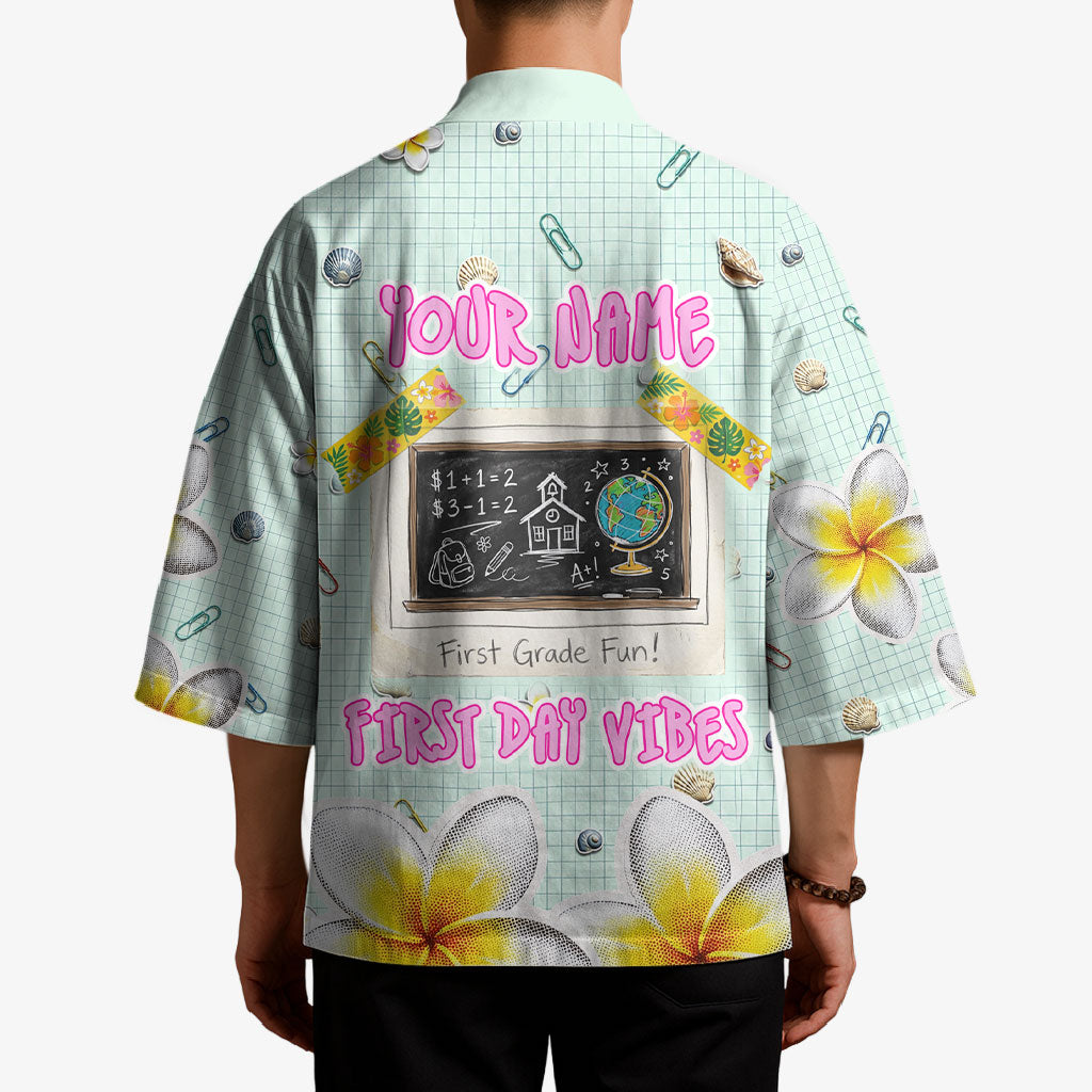 Personalized Hawaii Back To School Dolphin Kimono Grid Notebook Background With Dolphin Mascot And Plumeria Flowers TS04 - Polynesian Pride