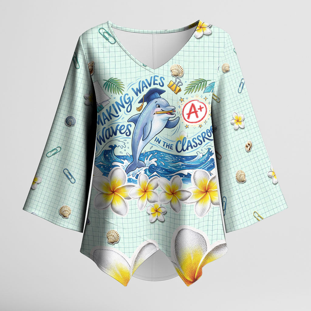 Personalized Hawaii Back To School Dolphin Kimono Sleeve Blouse Grid Notebook Background With Dolphin Mascot And Plumeria Flowers TS04 Female Green White - Polynesian Pride