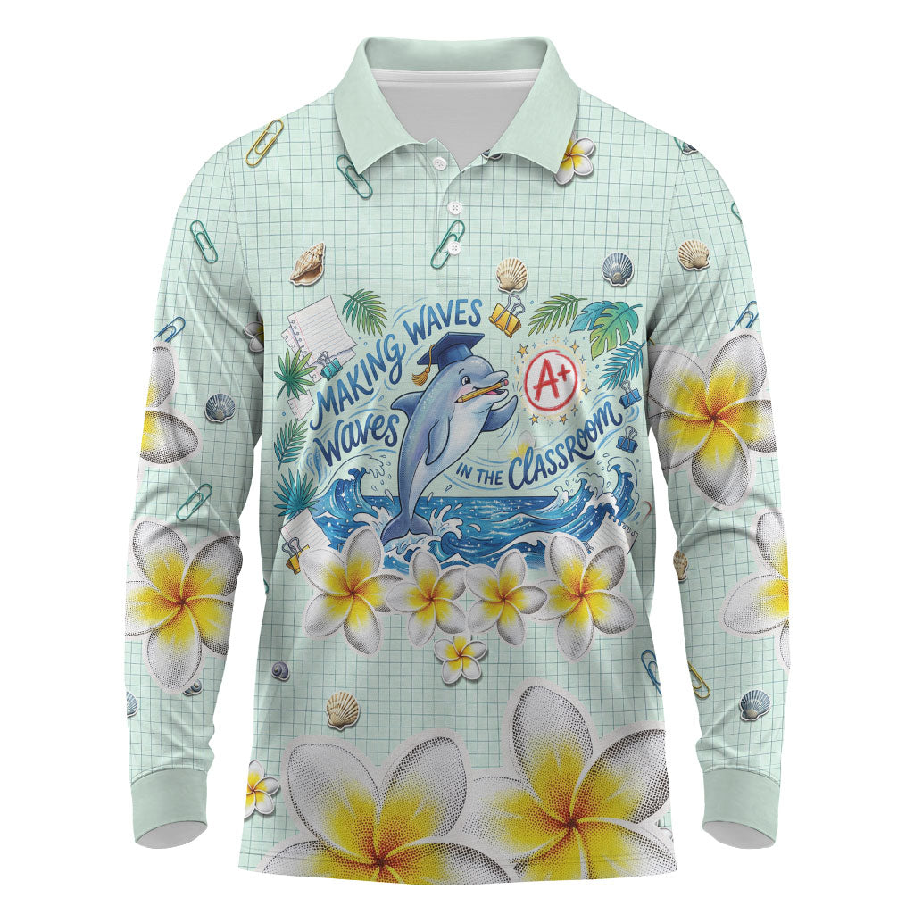 Personalized Hawaii Back To School Dolphin Long Sleeve Polo Shirt Grid Notebook Background With Dolphin Mascot And Plumeria Flowers TS04 Green White - Polynesian Pride