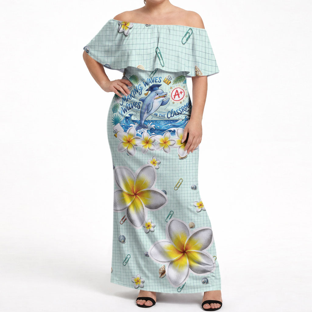 Personalized Hawaii Back To School Dolphin Off Shoulder Maxi Dress Grid Notebook Background With Dolphin Mascot And Plumeria Flowers TS04 Women Green White - Polynesian Pride