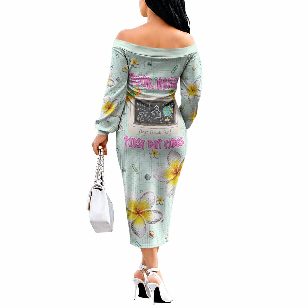 Personalized Hawaii Back To School Dolphin Off The Shoulder Long Sleeve Dress Grid Notebook Background With Dolphin Mascot And Plumeria Flowers TS04 - Polynesian Pride