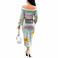 Personalized Hawaii Back To School Dolphin Off The Shoulder Long Sleeve Dress Grid Notebook Background With Dolphin Mascot And Plumeria Flowers TS04 - Polynesian Pride