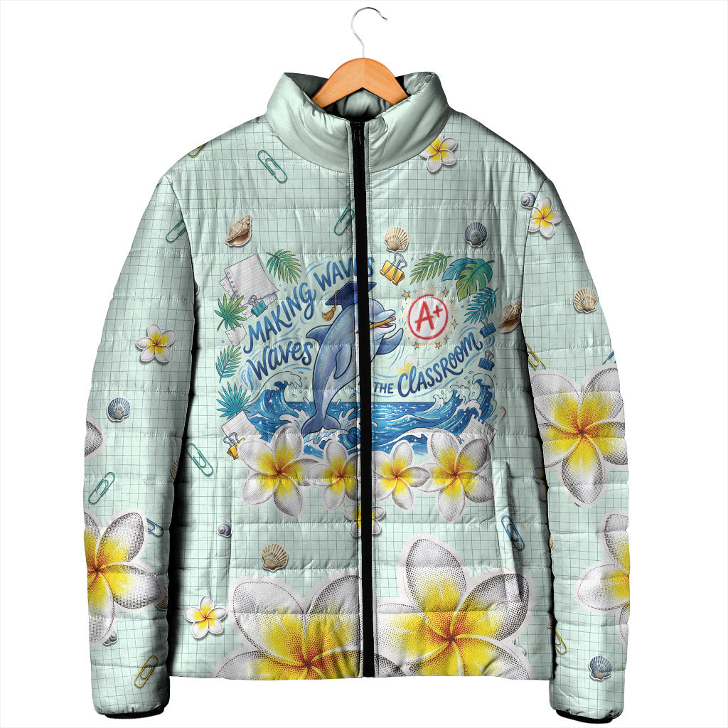 Personalized Hawaii Back To School Dolphin Padded Jacket Grid Notebook Background With Dolphin Mascot And Plumeria Flowers TS04 - Polynesian Pride