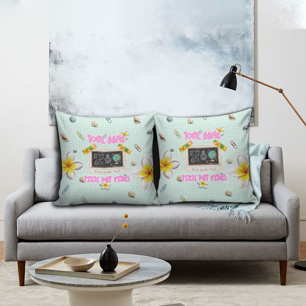 Personalized Hawaii Back To School Dolphin Pillow Cover Grid Notebook Background With Dolphin Mascot And Plumeria Flowers TS04 - Polynesian Pride