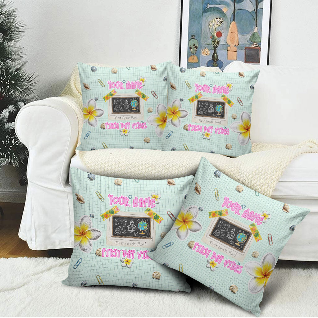 Personalized Hawaii Back To School Dolphin Pillow Cover Grid Notebook Background With Dolphin Mascot And Plumeria Flowers TS04 - Polynesian Pride