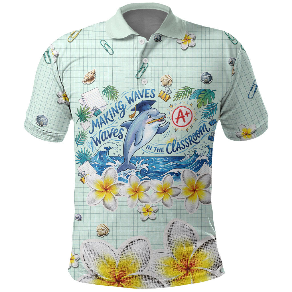 Personalized Hawaii Back To School Dolphin Polo Shirt Grid Notebook Background With Dolphin Mascot And Plumeria Flowers TS04 Green White - Polynesian Pride