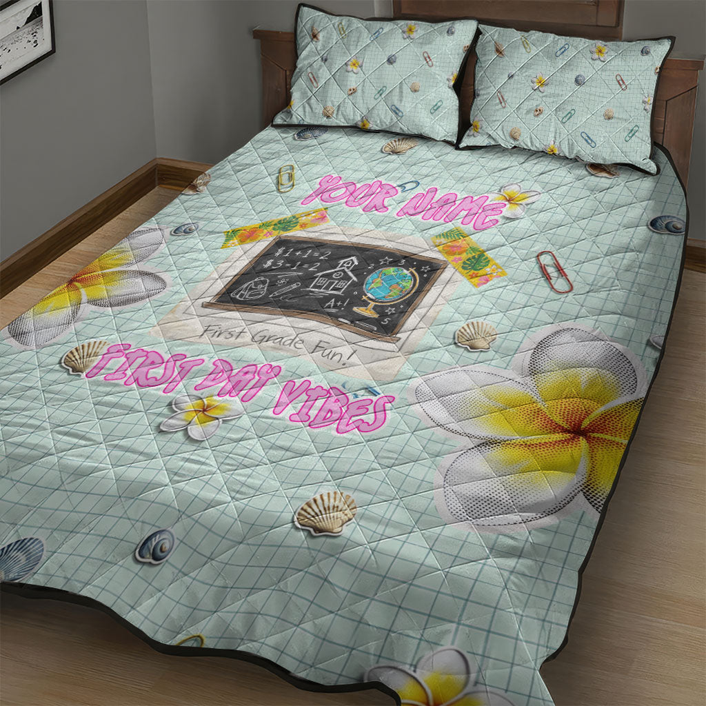 Personalized Hawaii Back To School Dolphin Quilt Bed Set Grid Notebook Background With Dolphin Mascot And Plumeria Flowers TS04 - Polynesian Pride