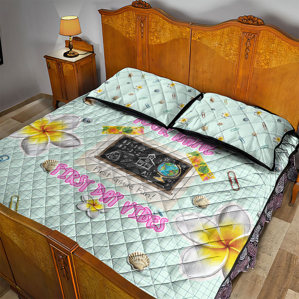Personalized Hawaii Back To School Dolphin Quilt Bed Set Grid Notebook Background With Dolphin Mascot And Plumeria Flowers TS04 - Polynesian Pride
