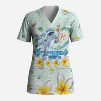 Personalized Hawaii Back To School Dolphin Scrub Top Grid Notebook Background With Dolphin Mascot And Plumeria Flowers TS04 Adult Green White - Polynesian Pride