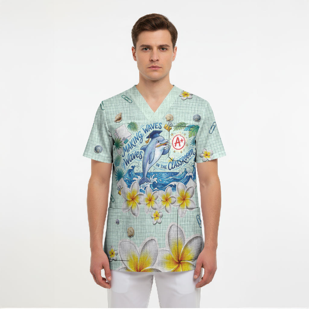 Personalized Hawaii Back To School Dolphin Scrub Top Grid Notebook Background With Dolphin Mascot And Plumeria Flowers TS04 - Polynesian Pride
