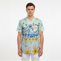 Personalized Hawaii Back To School Dolphin Scrub Top Grid Notebook Background With Dolphin Mascot And Plumeria Flowers TS04 - Polynesian Pride