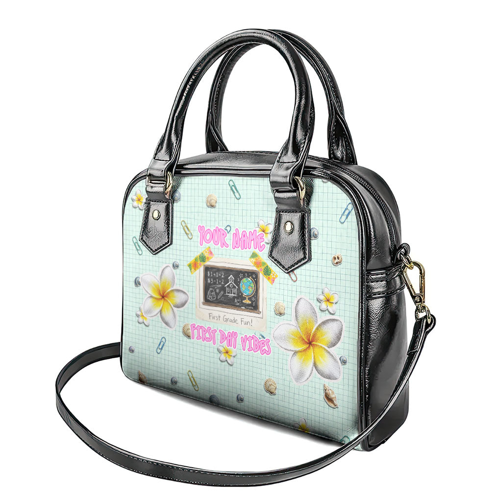 Personalized Hawaii Back To School Dolphin Shoulder Handbag Grid Notebook Background With Dolphin Mascot And Plumeria Flowers TS04 - Polynesian Pride