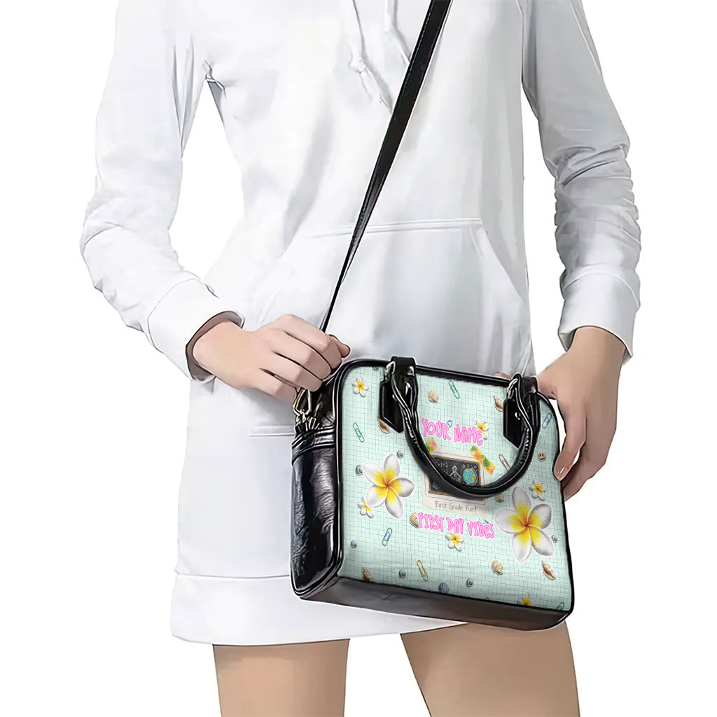Personalized Hawaii Back To School Dolphin Shoulder Handbag Grid Notebook Background With Dolphin Mascot And Plumeria Flowers TS04 - Polynesian Pride