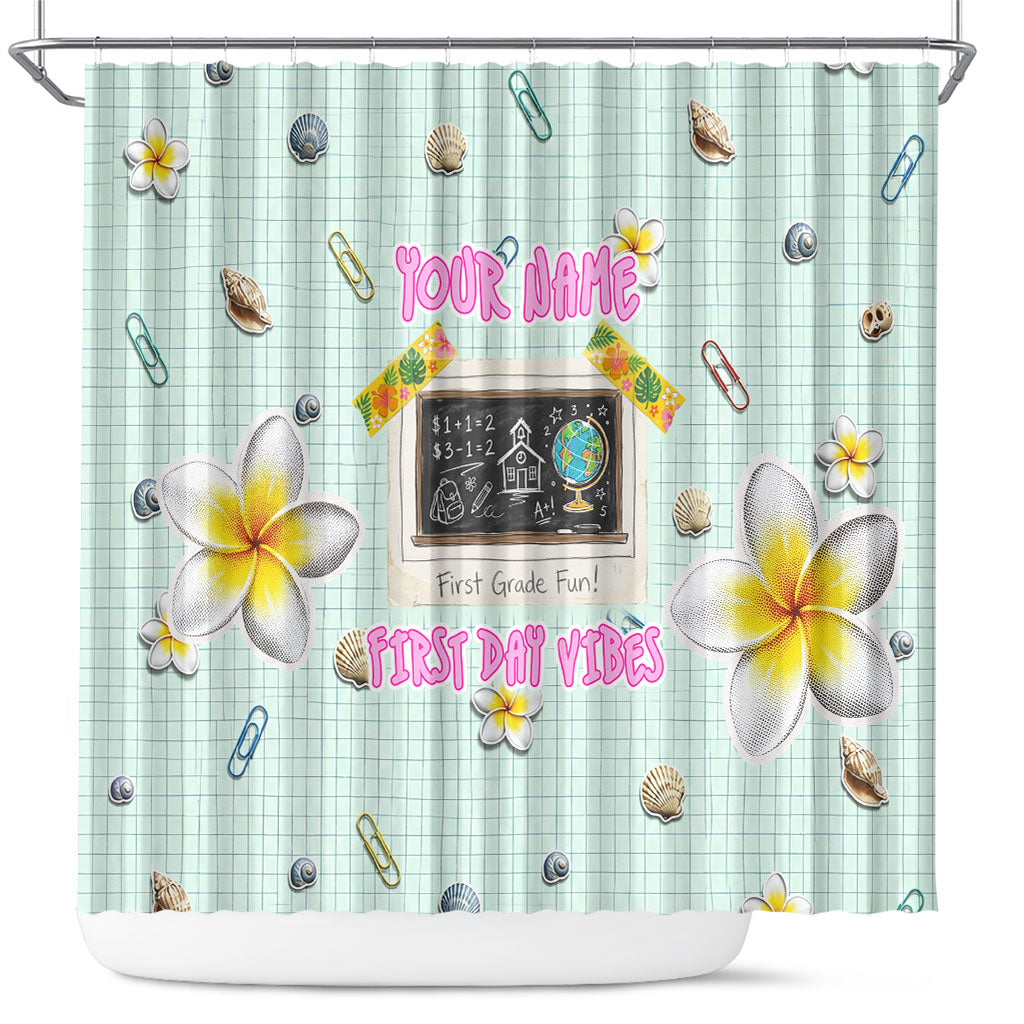 Personalized Hawaii Back To School Dolphin Shower Curtain Grid Notebook Background With Dolphin Mascot And Plumeria Flowers TS04 Green White - Polynesian Pride
