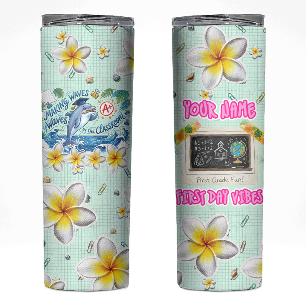 Personalized Hawaii Back To School Dolphin Skinny Tumbler Grid Notebook Background With Dolphin Mascot And Plumeria Flowers TS04 Green White - Polynesian Pride