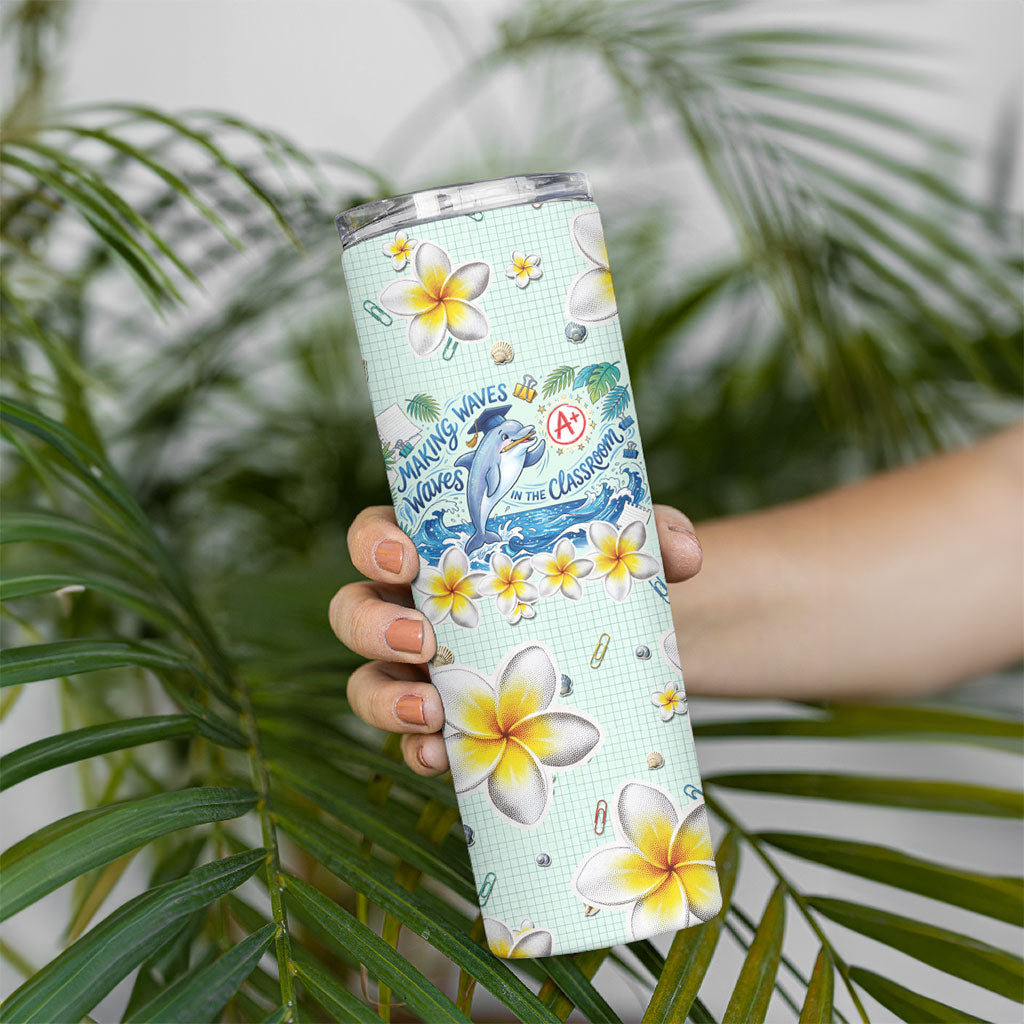 Personalized Hawaii Back To School Dolphin Skinny Tumbler Grid Notebook Background With Dolphin Mascot And Plumeria Flowers TS04 - Polynesian Pride