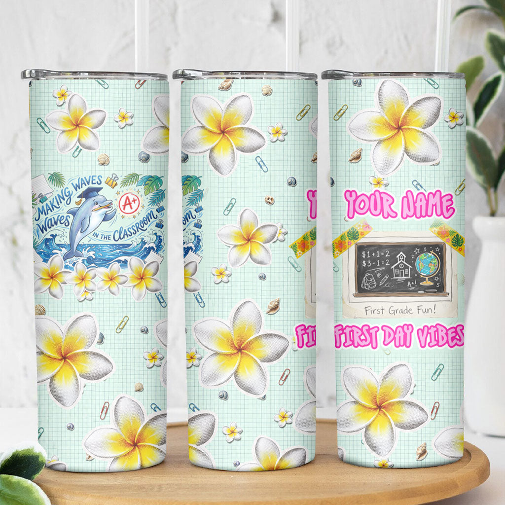 Personalized Hawaii Back To School Dolphin Skinny Tumbler Grid Notebook Background With Dolphin Mascot And Plumeria Flowers TS04 - Polynesian Pride