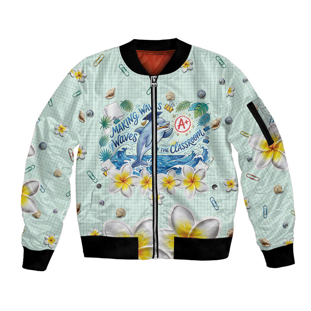 Personalized Hawaii Back To School Dolphin Sleeve Zip Bomber Jacket Grid Notebook Background With Dolphin Mascot And Plumeria Flowers TS04 Unisex Green White - Polynesian Pride