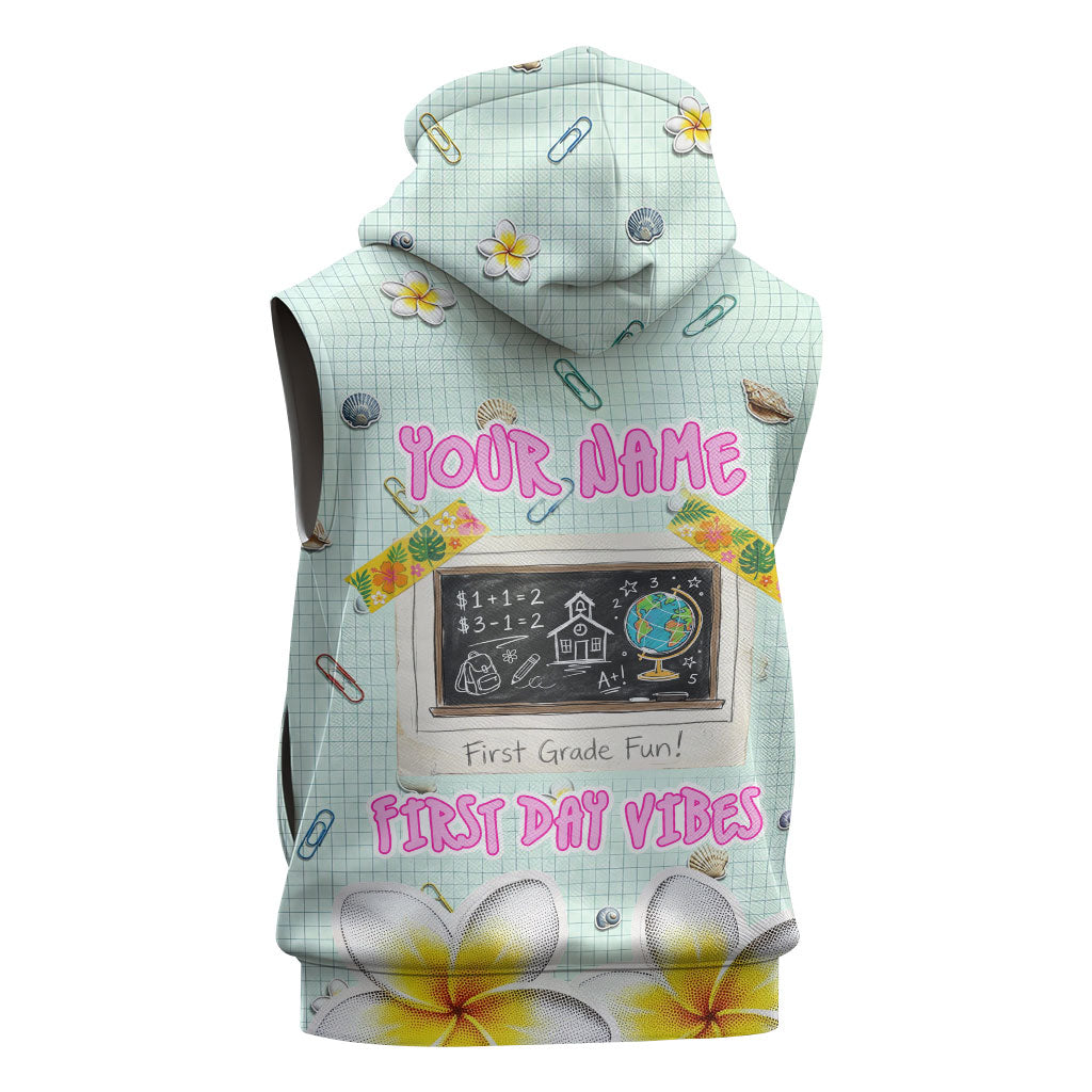 Personalized Hawaii Back To School Dolphin Sleeveless Hoodie Grid Notebook Background With Dolphin Mascot And Plumeria Flowers TS04 - Polynesian Pride