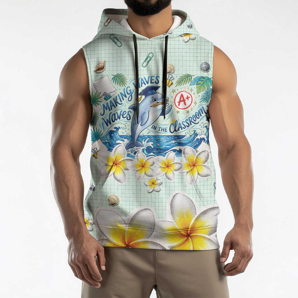 Personalized Hawaii Back To School Dolphin Sleeveless Hoodie Grid Notebook Background With Dolphin Mascot And Plumeria Flowers TS04 - Polynesian Pride