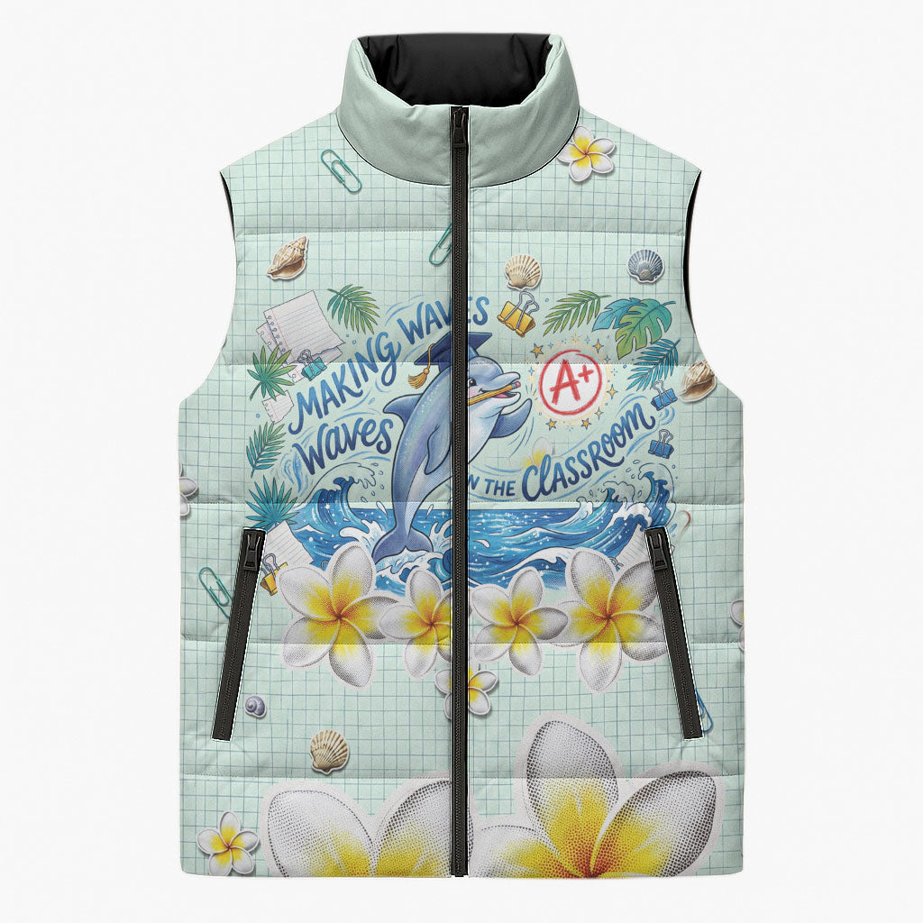 Personalized Hawaii Back To School Dolphin Sleeveless Puffer Jacket Grid Notebook Background With Dolphin Mascot And Plumeria Flowers TS04 Unisex Green White - Polynesian Pride