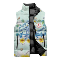 Personalized Hawaii Back To School Dolphin Sleeveless Puffer Jacket Grid Notebook Background With Dolphin Mascot And Plumeria Flowers TS04 - Polynesian Pride