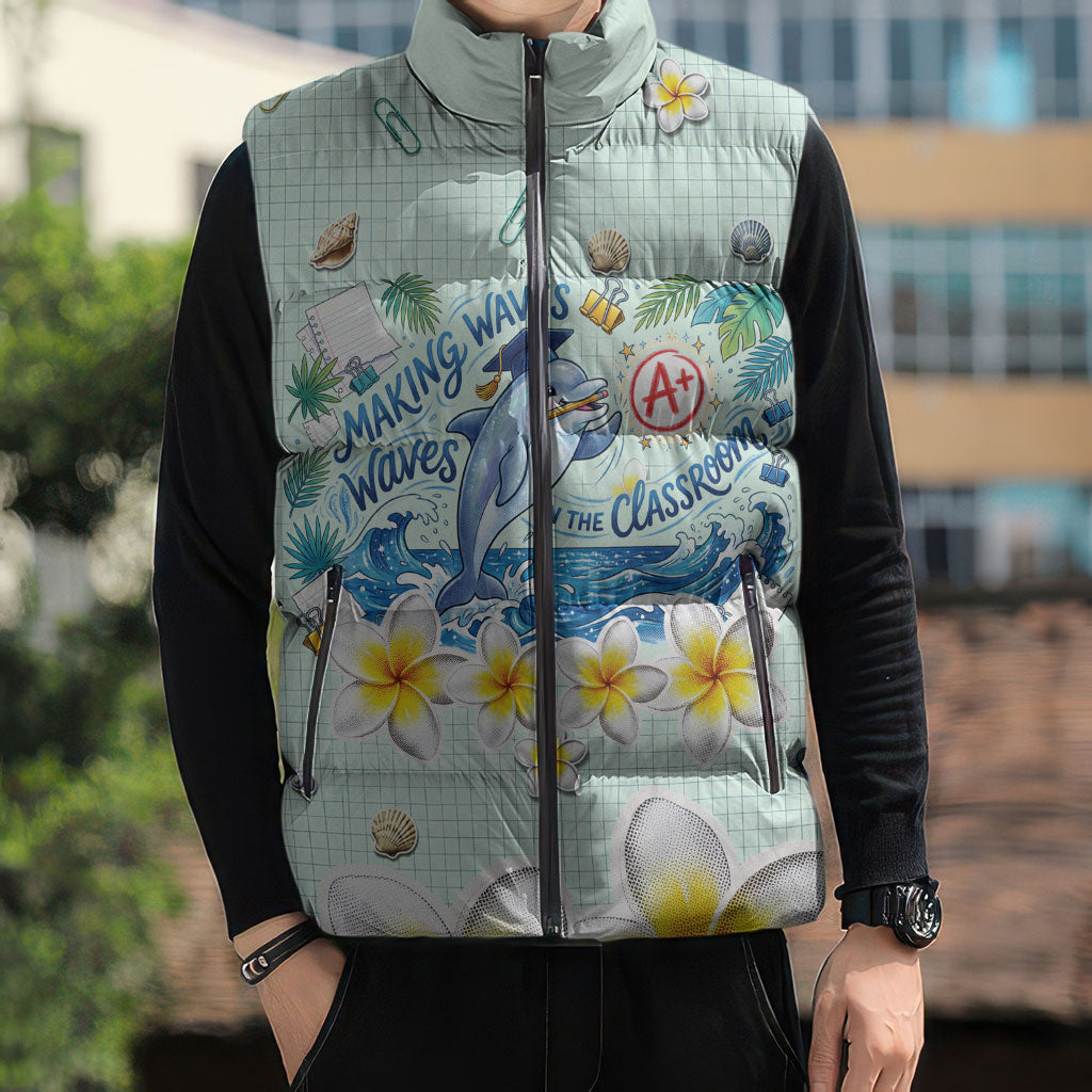 Personalized Hawaii Back To School Dolphin Sleeveless Puffer Jacket Grid Notebook Background With Dolphin Mascot And Plumeria Flowers TS04 - Polynesian Pride