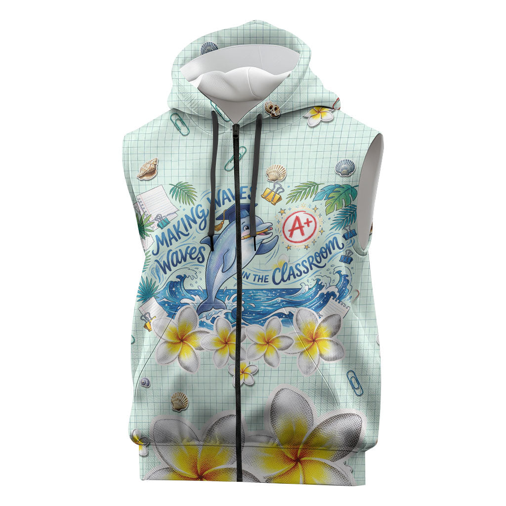 Personalized Hawaii Back To School Dolphin Sleeveless Zip Hoodie Grid Notebook Background With Dolphin Mascot And Plumeria Flowers TS04 Green White - Polynesian Pride