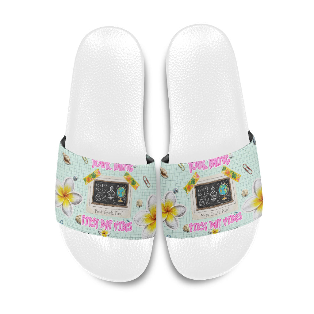 Personalized Hawaii Back To School Dolphin Slide Sandals Grid Notebook Background With Dolphin Mascot And Plumeria Flowers TS04 Green White - Polynesian Pride