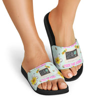 Personalized Hawaii Back To School Dolphin Slide Sandals Grid Notebook Background With Dolphin Mascot And Plumeria Flowers TS04 - Polynesian Pride