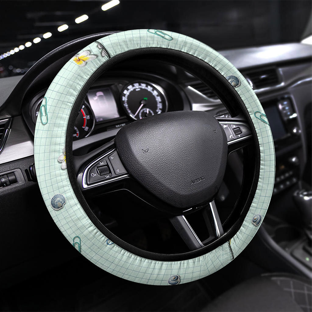 Hawaii Back To School Dolphin Steering Wheel Cover Grid Notebook Background With Dolphin Mascot And Plumeria Flowers TS04 Universal Fit Green White - Polynesian Pride