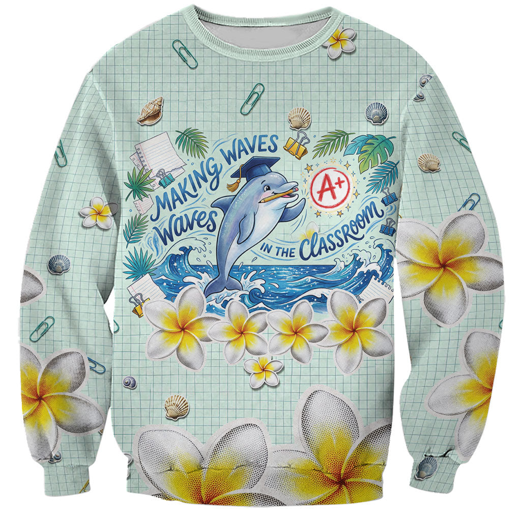 Personalized Hawaii Back To School Dolphin Sweatshirt Grid Notebook Background With Dolphin Mascot And Plumeria Flowers TS04 Unisex Green White - Polynesian Pride