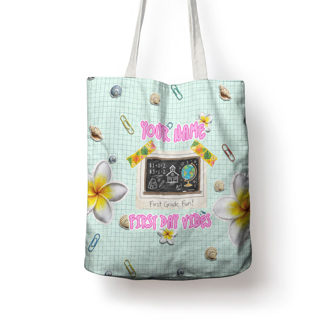 Personalized Hawaii Back To School Dolphin Tote Bag Grid Notebook Background With Dolphin Mascot And Plumeria Flowers TS04 - Polynesian Pride