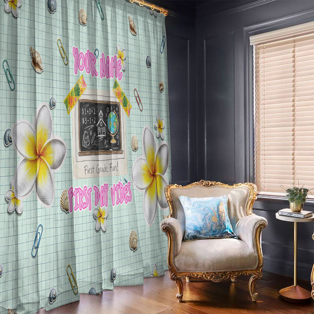 Personalized Hawaii Back To School Dolphin Window Curtain Grid Notebook Background With Dolphin Mascot And Plumeria Flowers TS04 - Polynesian Pride