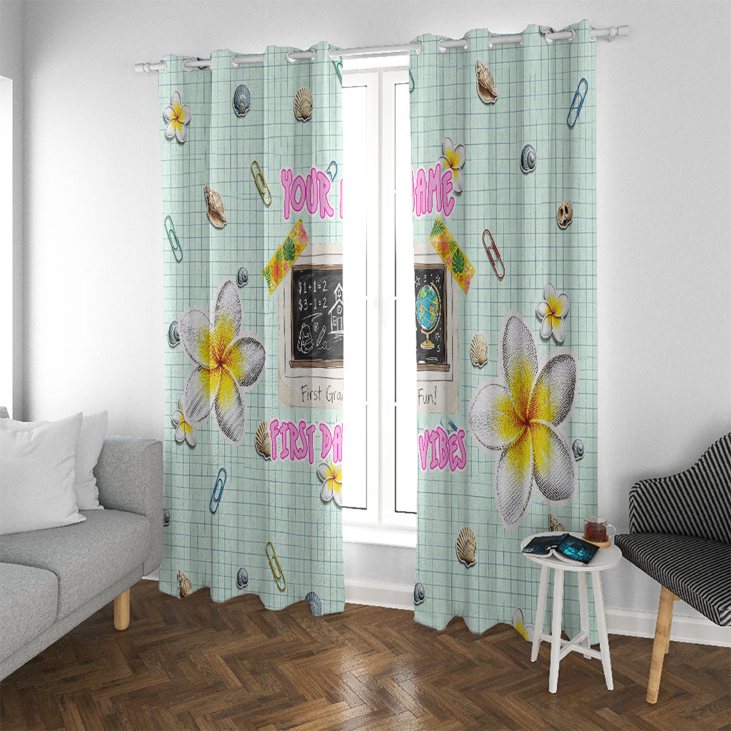 Personalized Hawaii Back To School Dolphin Window Curtain Grid Notebook Background With Dolphin Mascot And Plumeria Flowers TS04 With Grommets Green White - Polynesian Pride