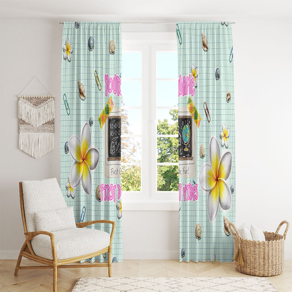Personalized Hawaii Back To School Dolphin Window Curtain Grid Notebook Background With Dolphin Mascot And Plumeria Flowers TS04 - Polynesian Pride