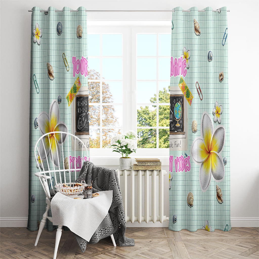 Personalized Hawaii Back To School Dolphin Window Curtain Grid Notebook Background With Dolphin Mascot And Plumeria Flowers TS04 - Polynesian Pride