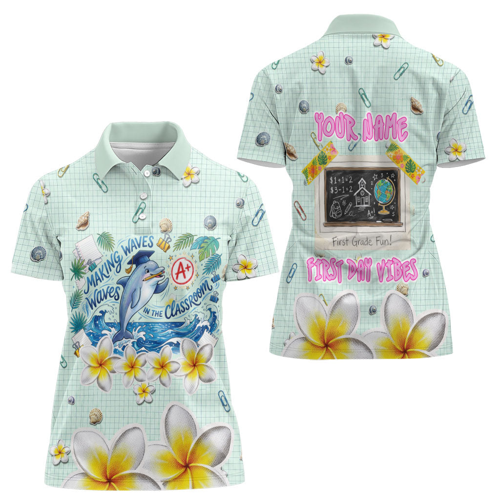 Personalized Hawaii Back To School Dolphin Women Polo Shirt Grid Notebook Background With Dolphin Mascot And Plumeria Flowers TS04 - Polynesian Pride