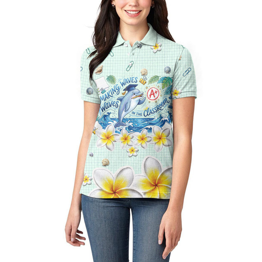 Personalized Hawaii Back To School Dolphin Women Polo Shirt Grid Notebook Background With Dolphin Mascot And Plumeria Flowers TS04 - Polynesian Pride