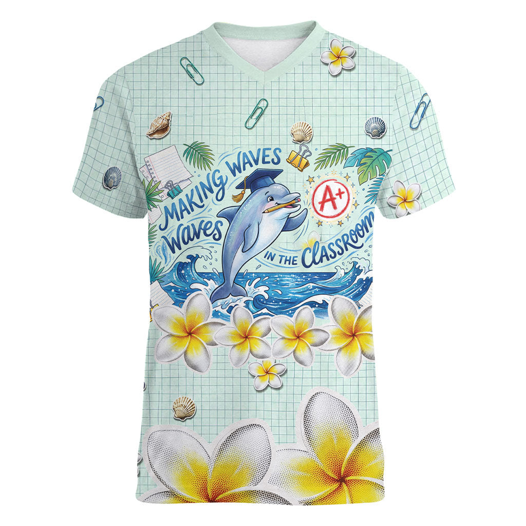 Personalized Hawaii Back To School Dolphin Women V-Neck T-Shirt Grid Notebook Background With Dolphin Mascot And Plumeria Flowers TS04 Female Green White - Polynesian Pride