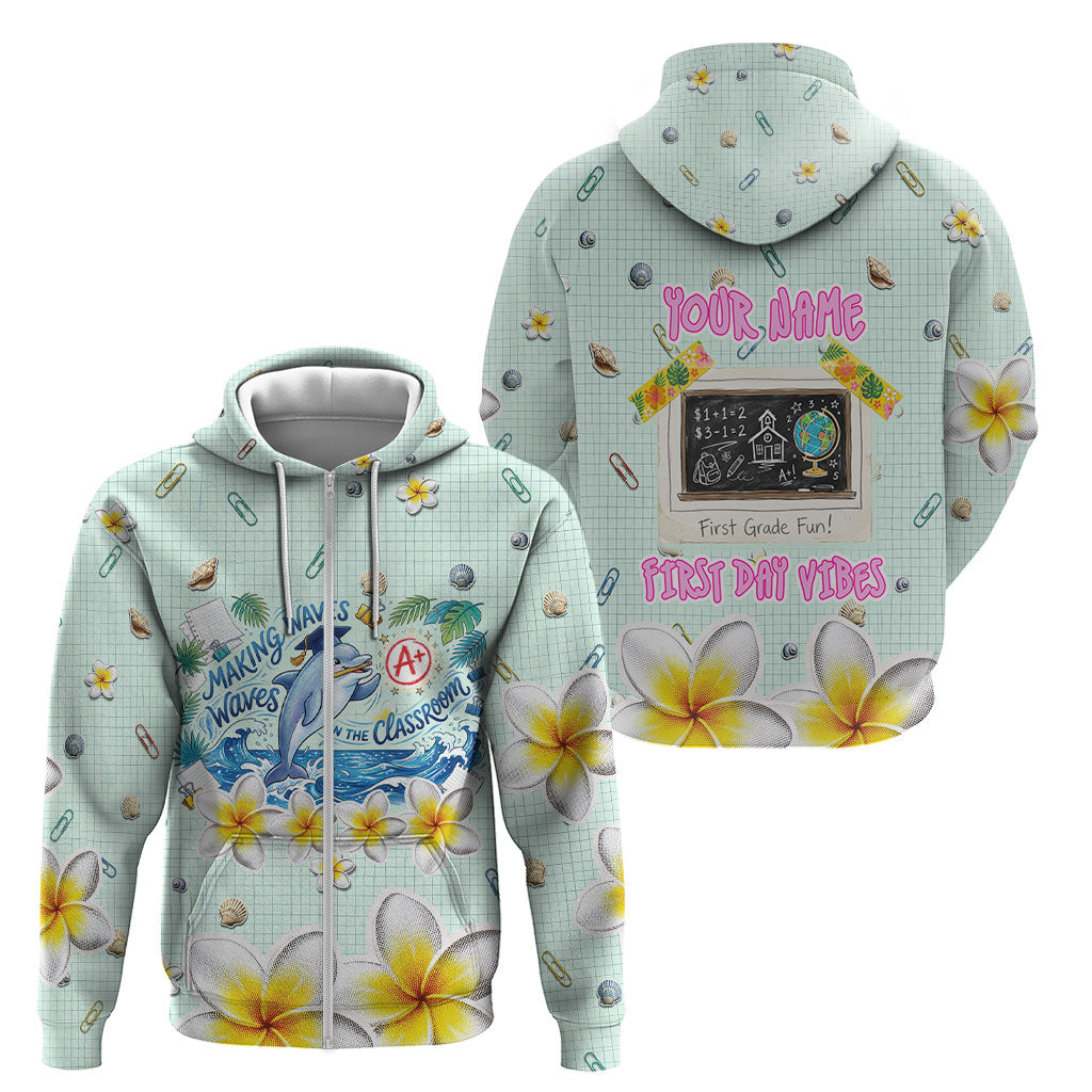Personalized Hawaii Back To School Dolphin Zip Hoodie Grid Notebook Background With Dolphin Mascot And Plumeria Flowers TS04 - Polynesian Pride