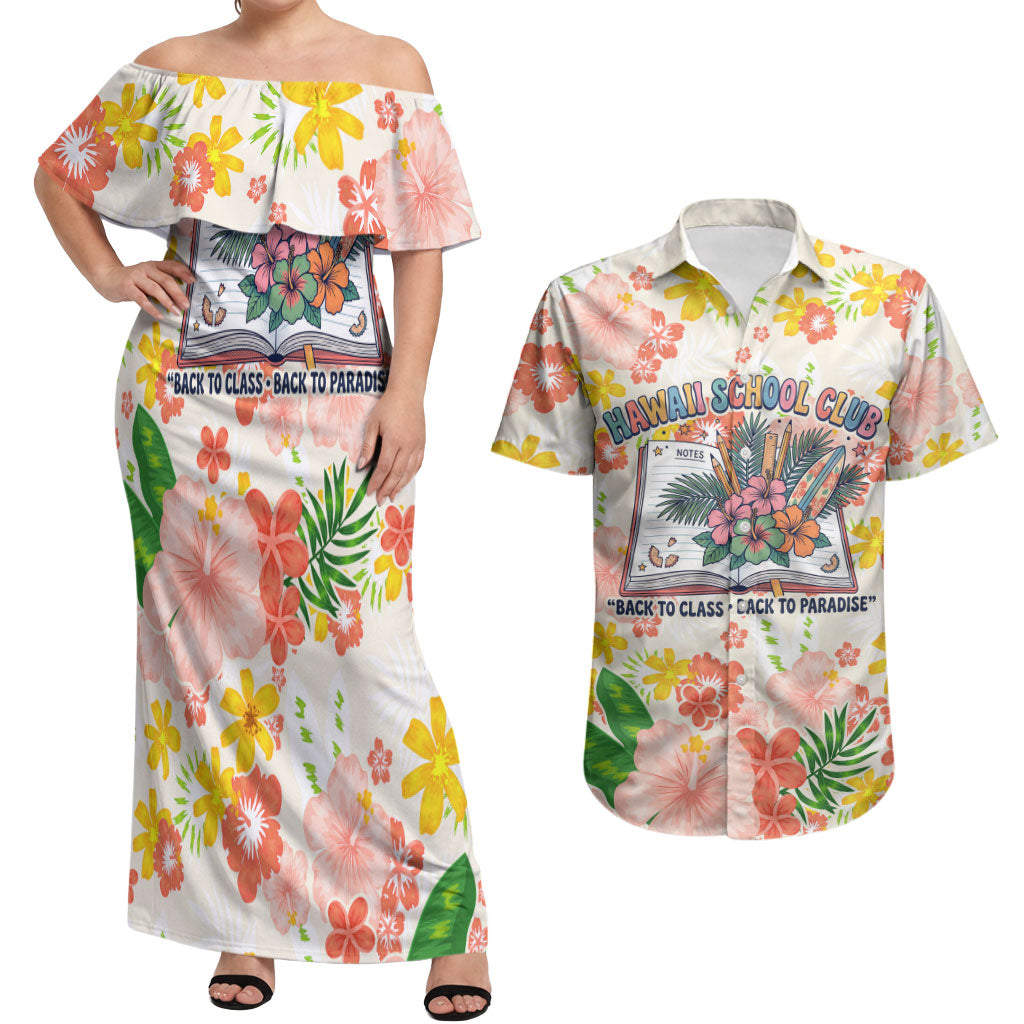 Personalized Hawaii School Club Back To Class Couples Matching Off Shoulder Maxi Dress and Hawaiian Shirt Retro Tropical Hibiscus Pattern With Open Notebook TS04 White Orange - Polynesian Pride