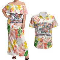 Personalized Hawaii School Club Back To Class Couples Matching Off Shoulder Maxi Dress and Hawaiian Shirt Retro Tropical Hibiscus Pattern With Open Notebook TS04 White Orange - Polynesian Pride