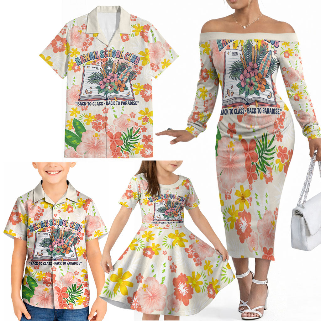 Personalized Hawaii School Club Back To Class Family Matching Off The Shoulder Long Sleeve Dress and Hawaiian Shirt Retro Tropical Hibiscus Pattern With Open Notebook TS04 - Polynesian Pride