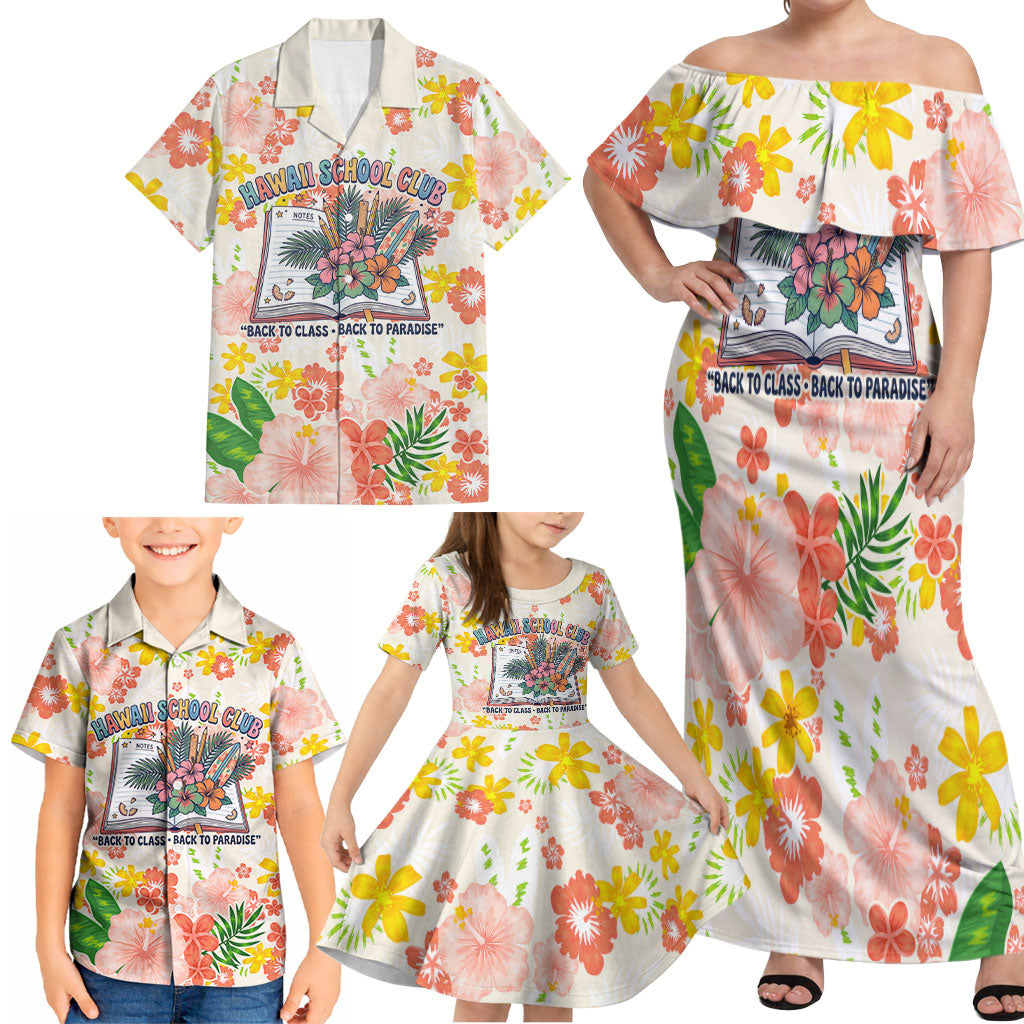 Personalized Hawaii School Club Back To Class Family Matching Off Shoulder Maxi Dress and Hawaiian Shirt Retro Tropical Hibiscus Pattern With Open Notebook TS04 - Polynesian Pride
