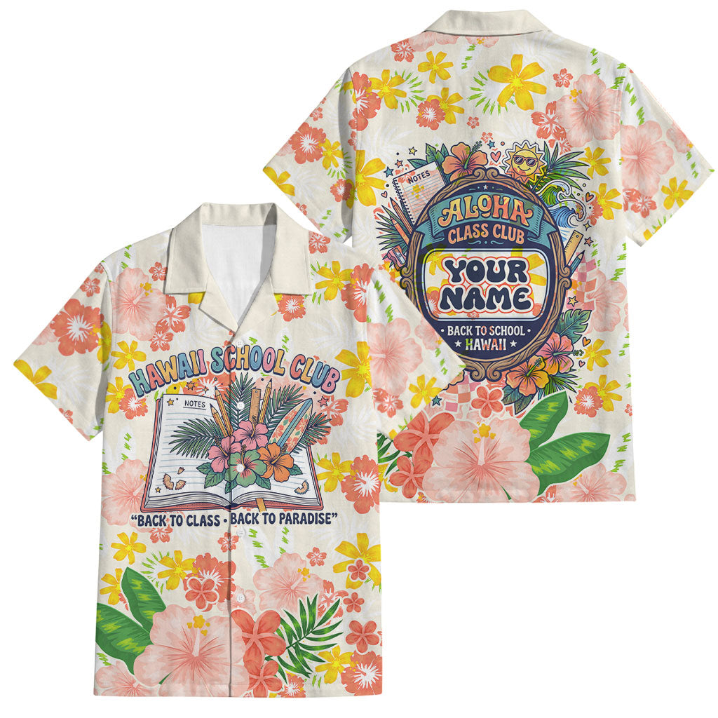 Personalized Hawaii School Club Back To Class Family Matching Off Shoulder Maxi Dress and Hawaiian Shirt Retro Tropical Hibiscus Pattern With Open Notebook TS04 Dad's Shirt - Short Sleeve White Orange - Polynesian Pride