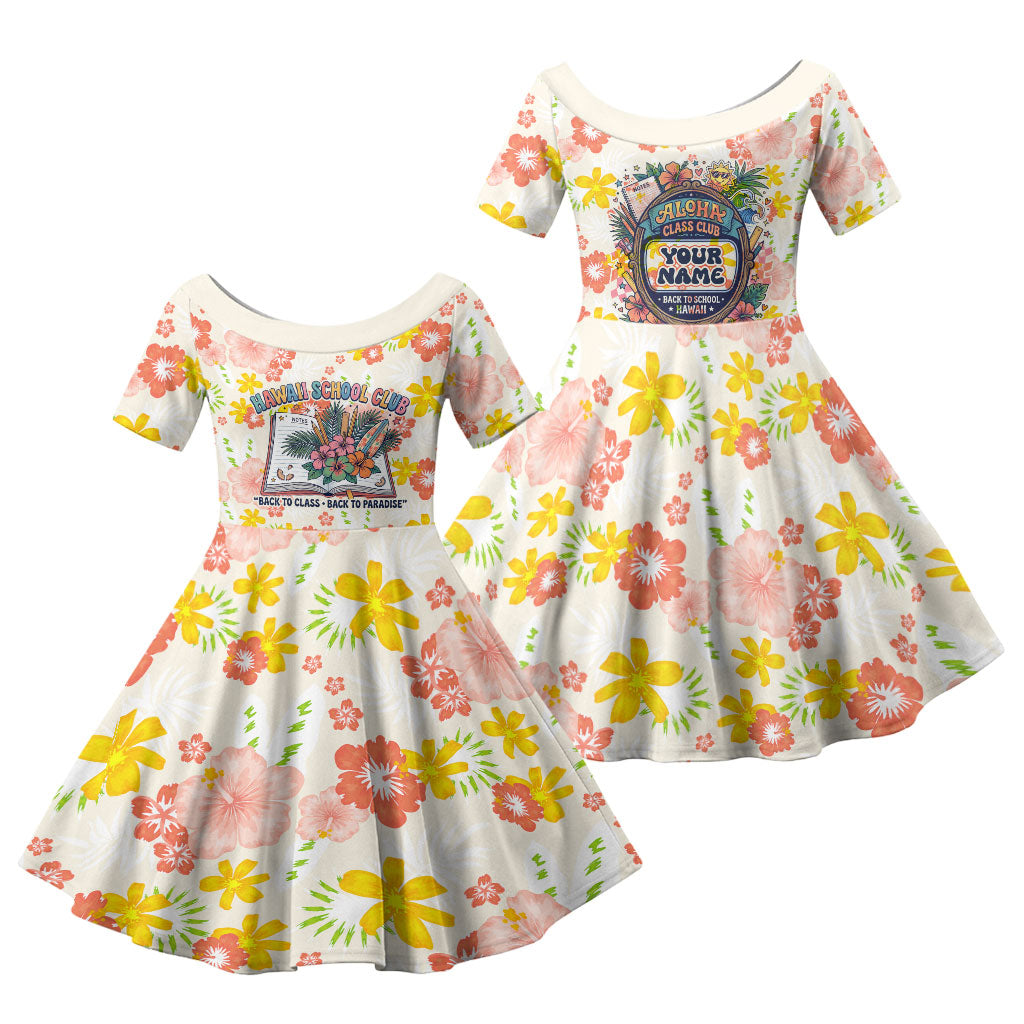 Personalized Hawaii School Club Back To Class Family Matching Off Shoulder Maxi Dress and Hawaiian Shirt Retro Tropical Hibiscus Pattern With Open Notebook TS04 Daughter's Dress White Orange - Polynesian Pride