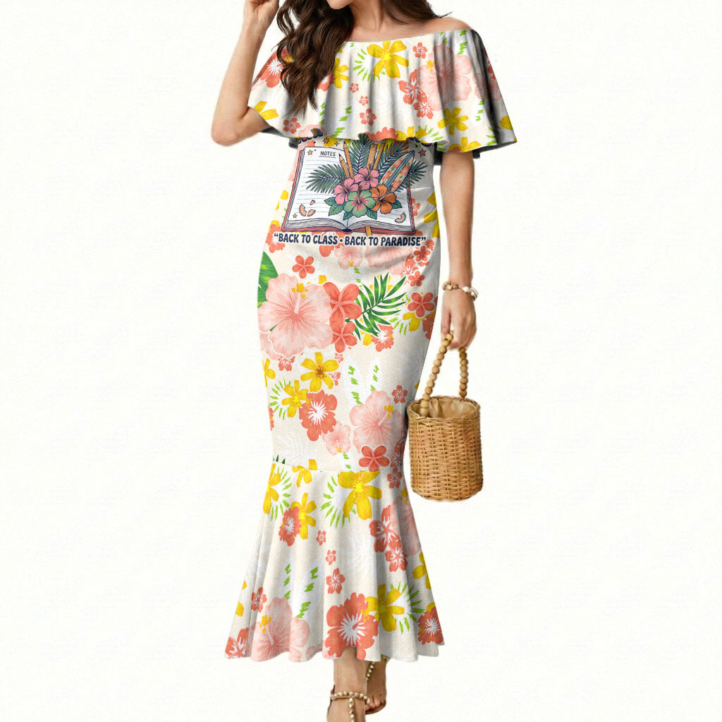 Personalized Hawaii School Club Back To Class Mermaid Dress Retro Tropical Hibiscus Pattern With Open Notebook TS04 Women White Orange - Polynesian Pride