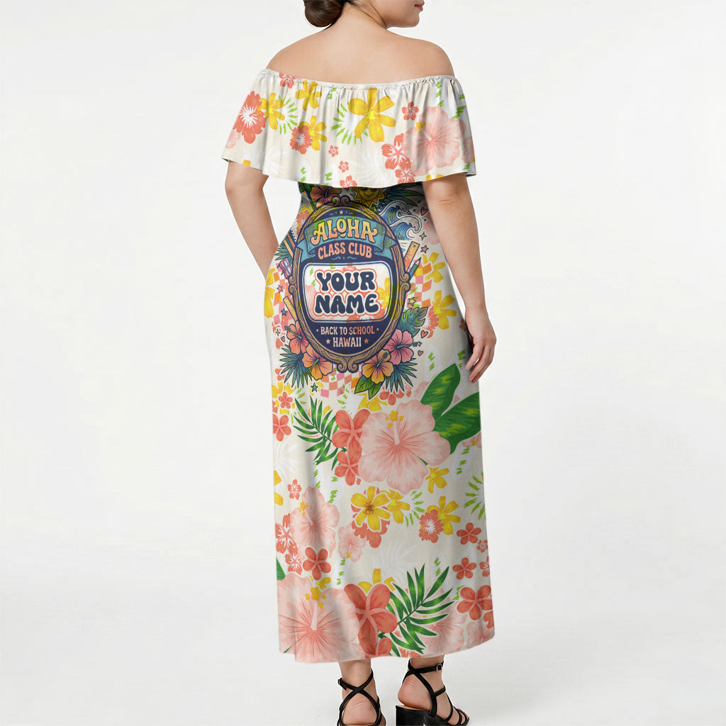 Personalized Hawaii School Club Back To Class Off Shoulder Maxi Dress Retro Tropical Hibiscus Pattern With Open Notebook TS04 - Polynesian Pride